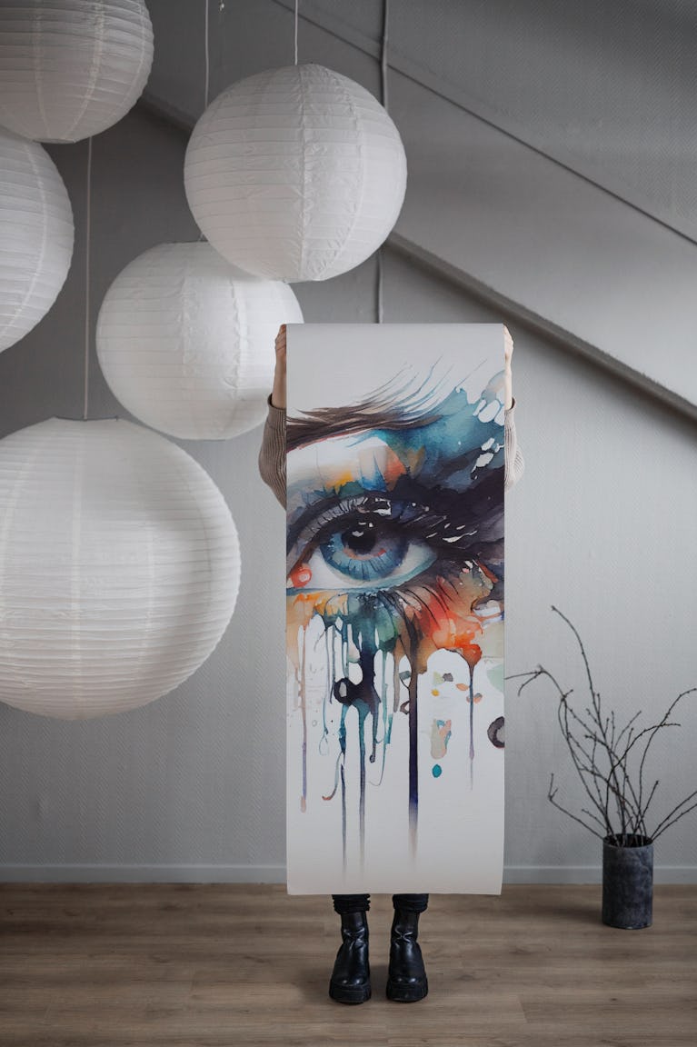 Aqua Gaze Watercolor Eye Portrait wallpaper roll