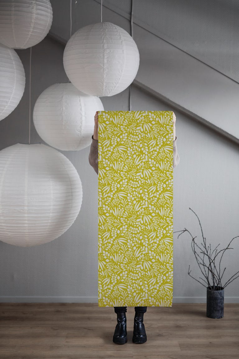Leaves on chartreuse wallpaper roll
