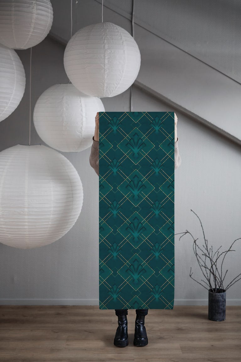 Art Deco Emerald Teal Gold wallpaper roll