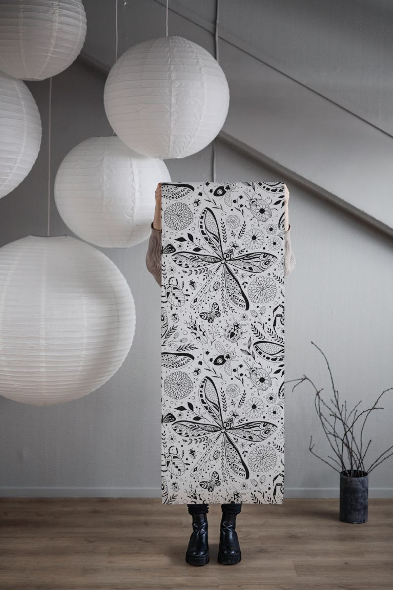 Doodle bugs on dark blue wallpaper roll