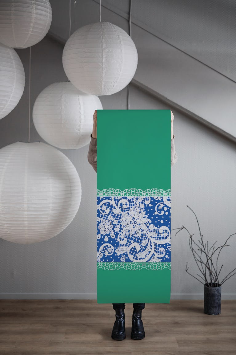 Denim blue floral lace wallpaper roll