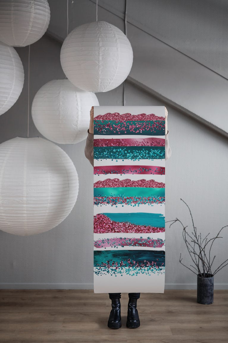Pink Teal Metal Glitter Stroke wallpaper roll