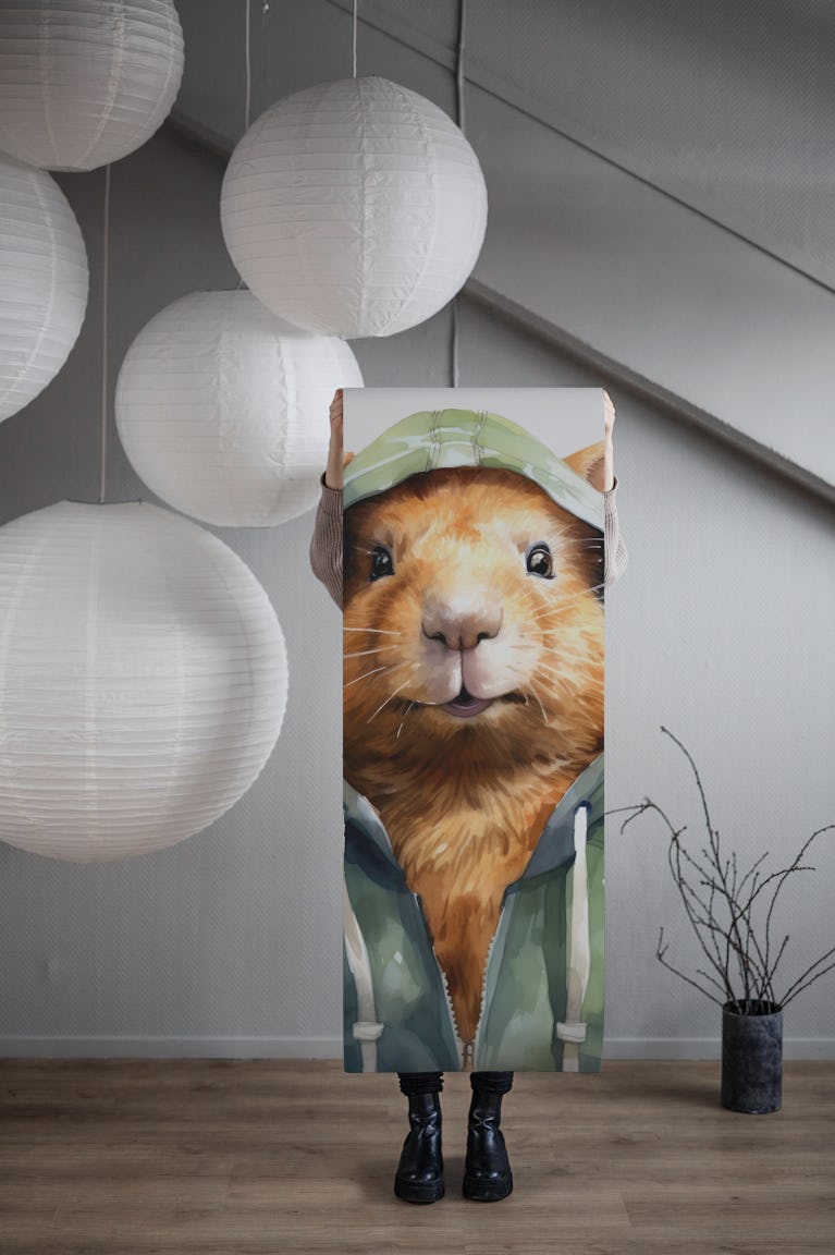 Watercolor Cartoon Capybara in a Hoodie wallpaper roll