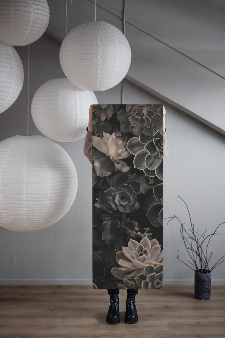 Desert Garden Moody Flower And Succulent Grey wallpaper roll