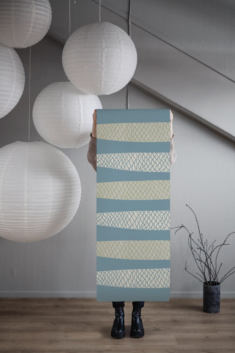 ANCHOVIES Retro Cream Sage Fish on Light Blue wallpaper roll