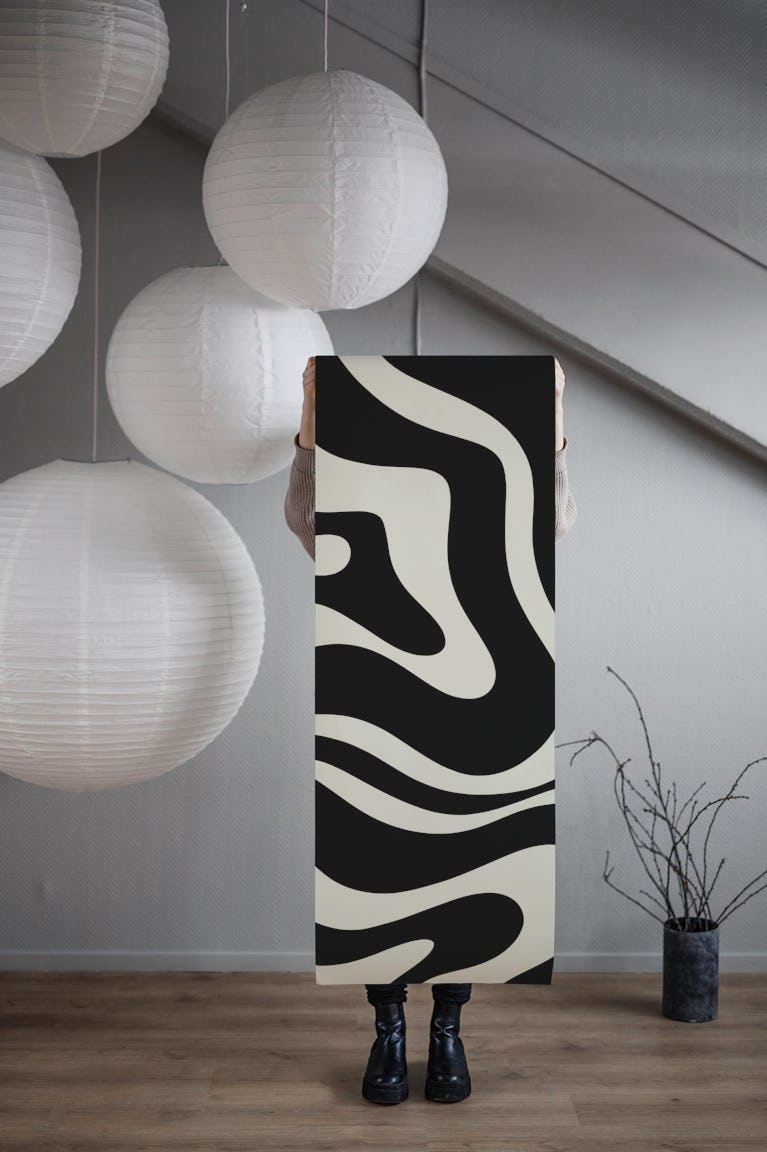 Modern Retro Liquid Swirl Black and Cream wallpaper roll