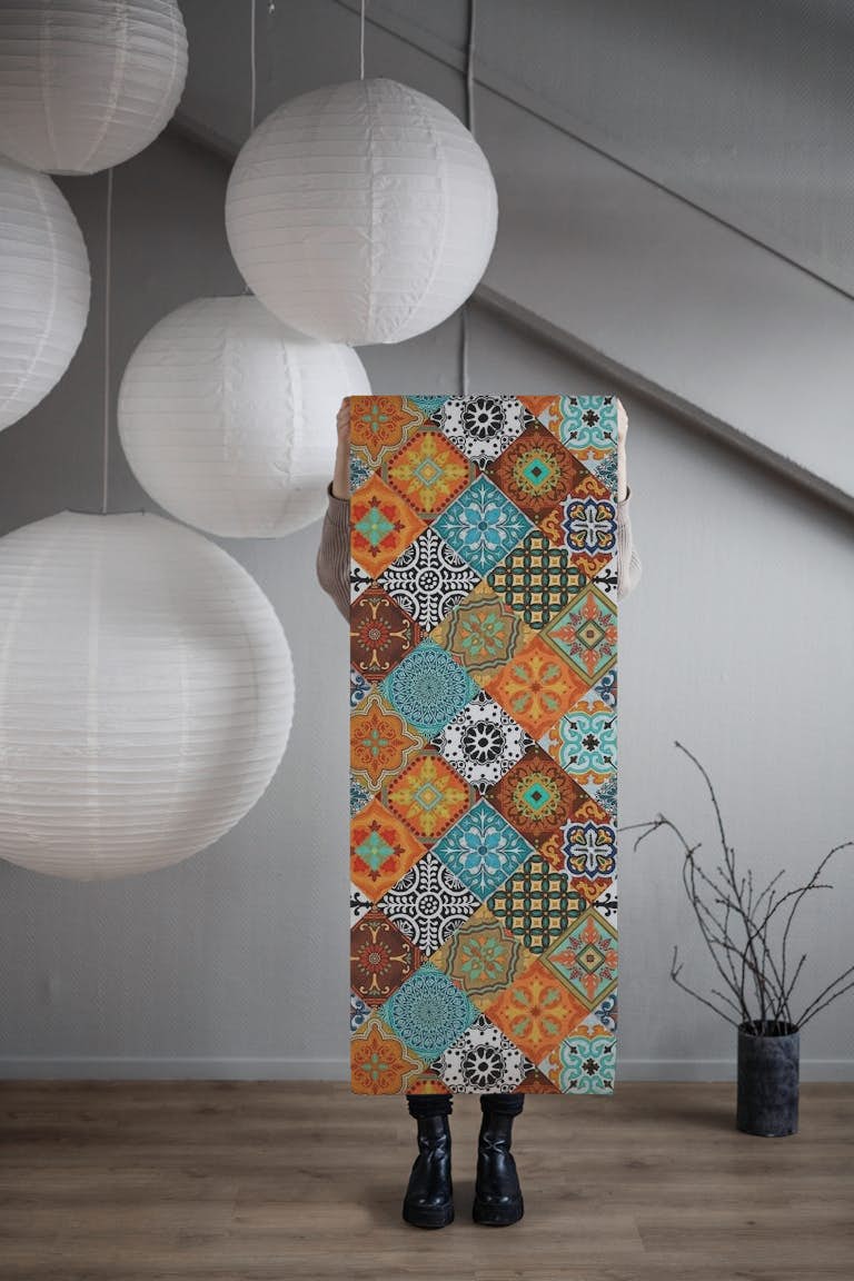 Talavera Tiles Orange Aqua wallpaper roll