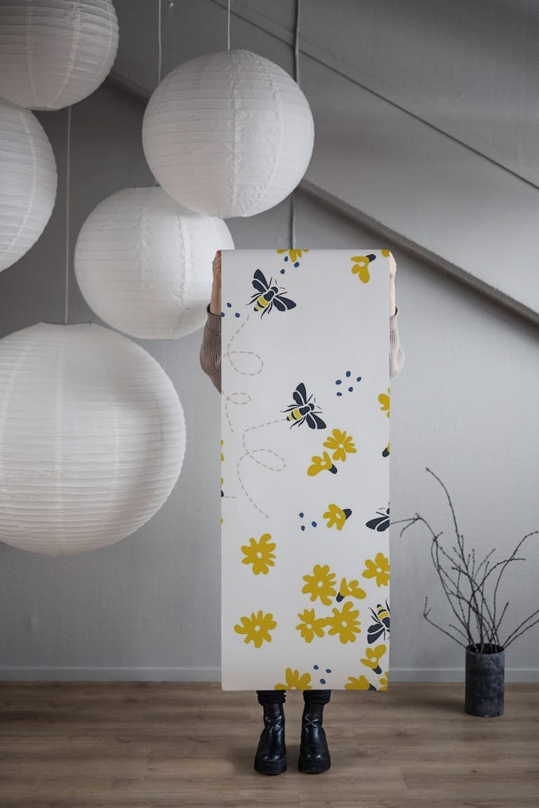 Millefleurs with bees white papel de parede roll