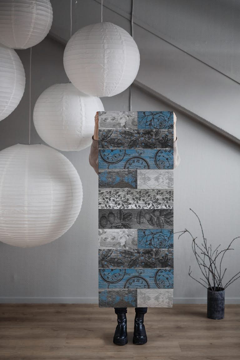 Vintage Wood Tiles Blue Grey wallpaper roll
