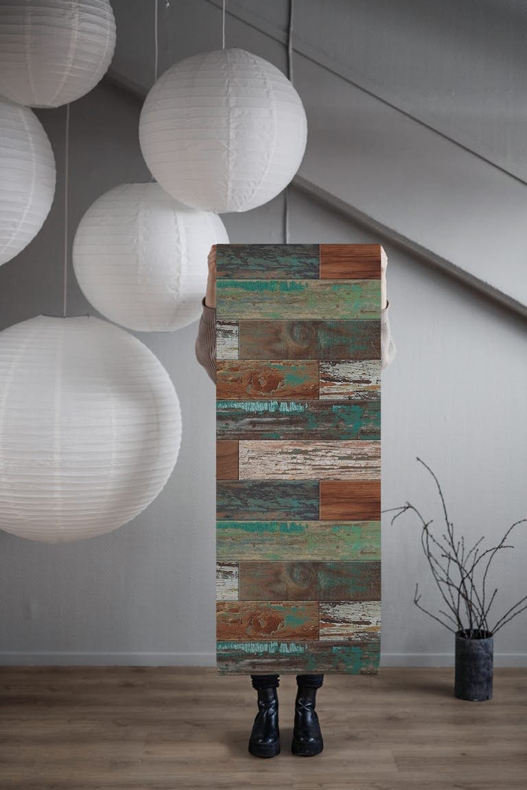 Reclaimed Boat Wood Green Rust tapety roll