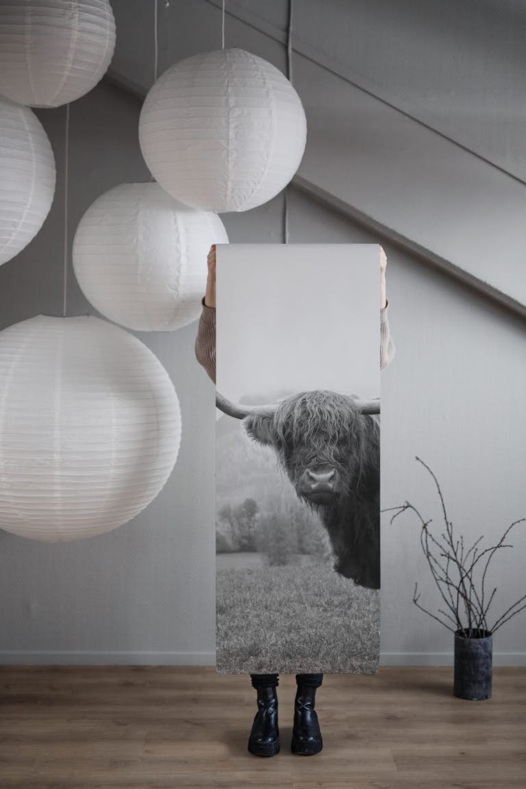 Highland Cow Black White 2 wallpaper roll