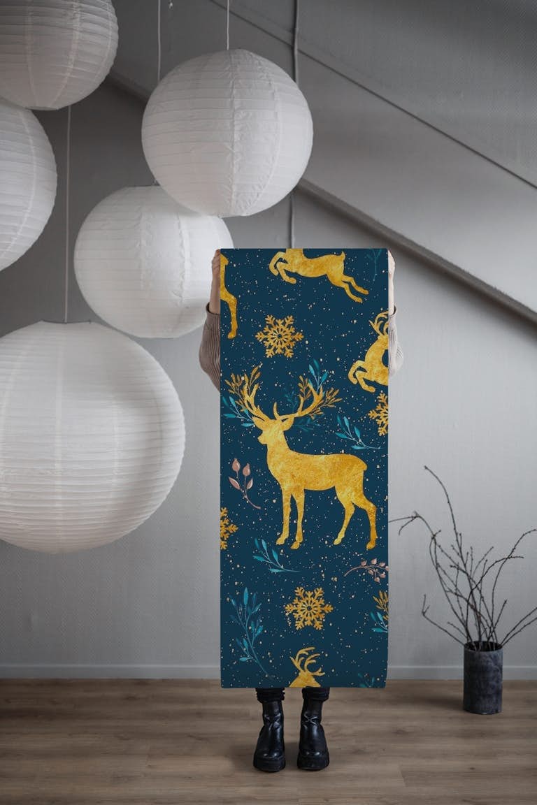 Golden Reindeer Pattern tapetit roll