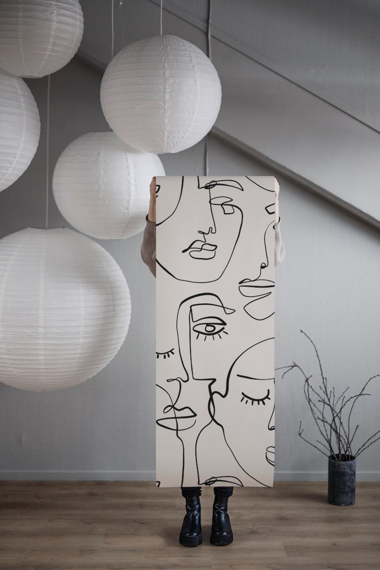 Monochrome Line Art Faces wallpaper roll