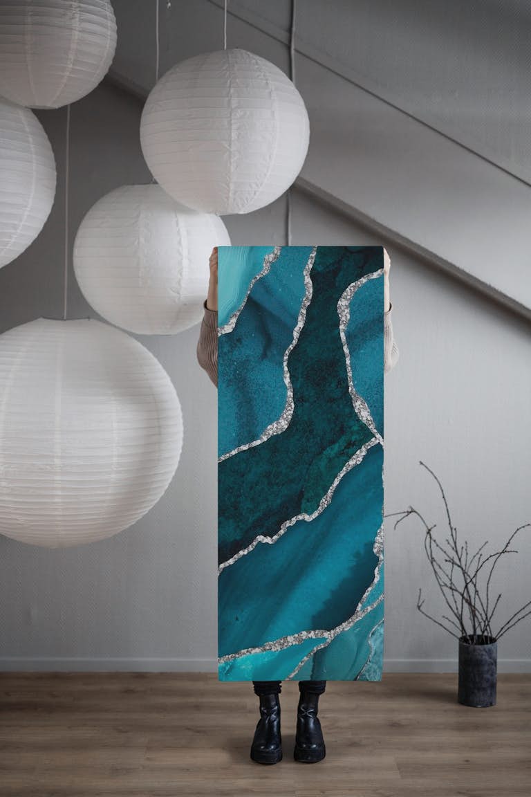 Turquoise And Silver Marble papel pintado roll