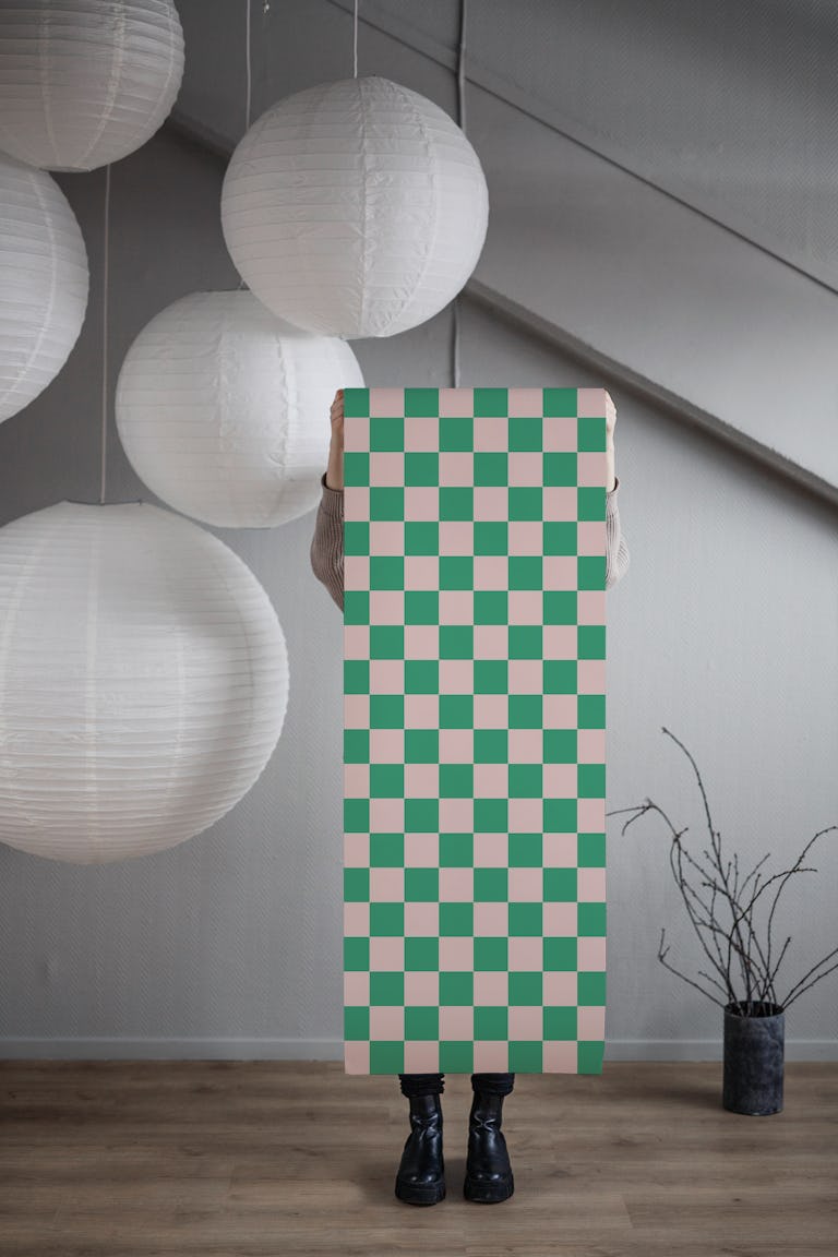 Pink and Green Checkerboard - Medium wallpaper roll