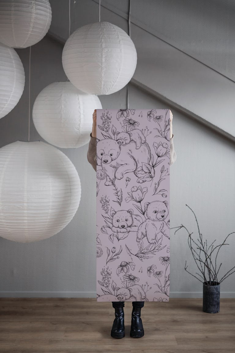 Sketchy Bear - lavender wallpaper roll