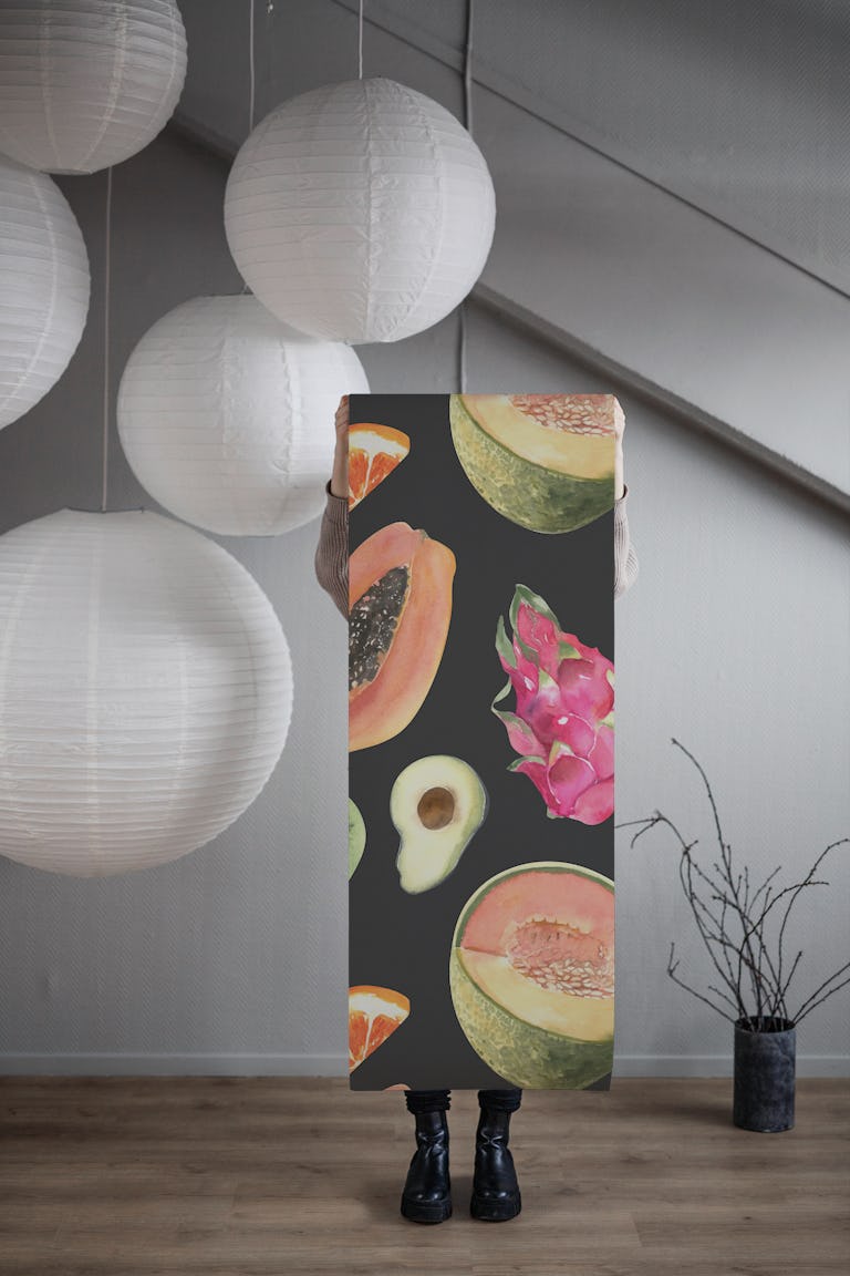 Tropical Fruits on Off-Black wallpaper roll