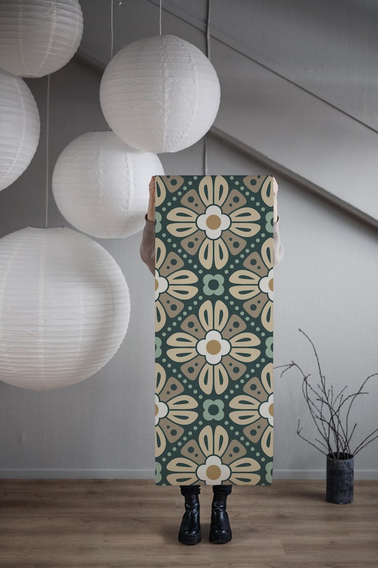 Retro Floral Tiles in Beige Green - L wallpaper roll