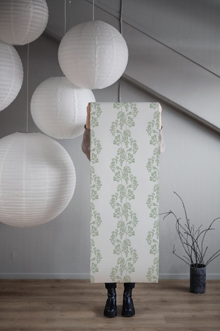 Waving Floral Branches Stripes - Sage Green 2 wallpaper roll