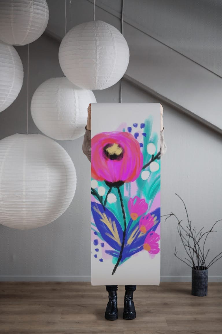 Pink blue aquarelle flower papel pintado roll