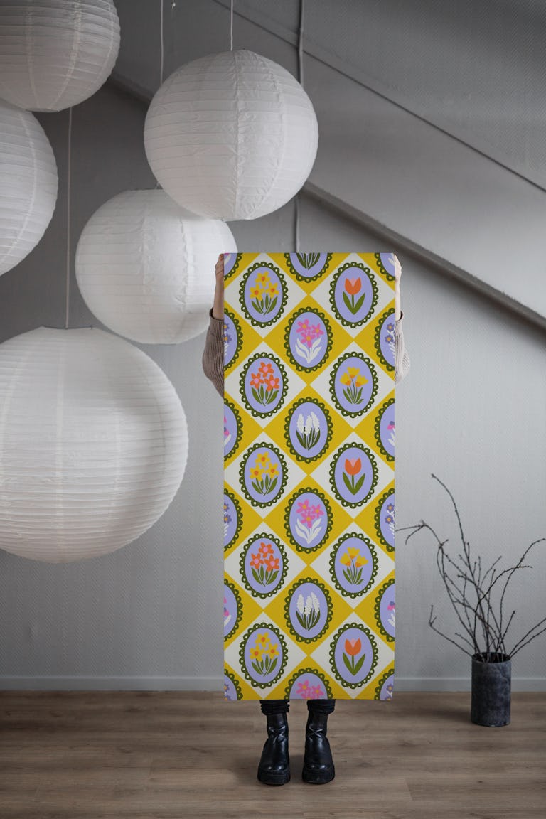 Flower Frames on Yellow and White Diamonds wallpaper roll