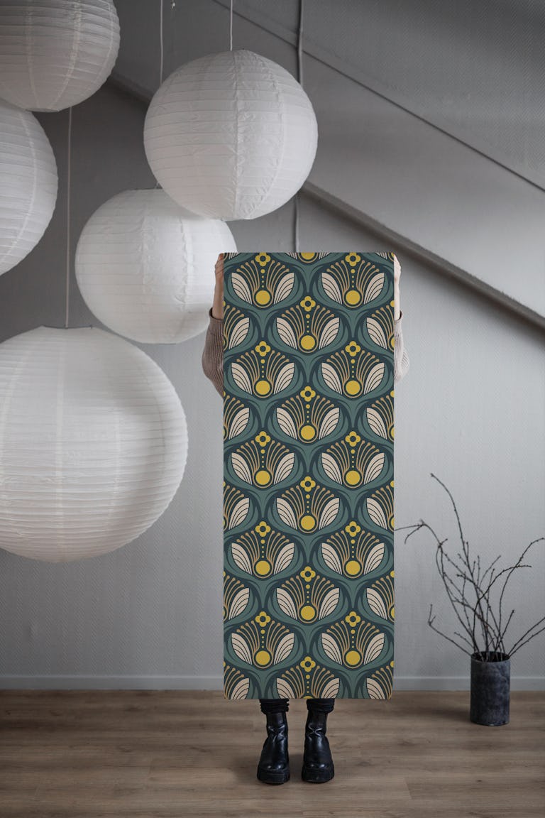 Art Deco Floral in Green Yellow - S wallpaper roll