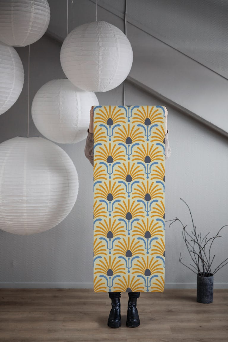 Bohemian Daisy Burst in Yellow Blue - S wallpaper roll