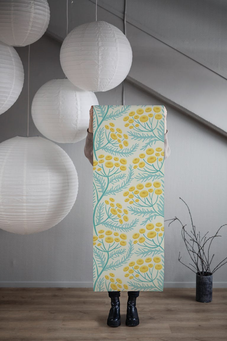 Tansy Block Print Floral Blue Yellow Cream wallpaper roll
