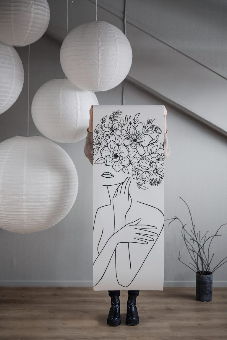 Woman With Flowers II Line Art wallpaper roll