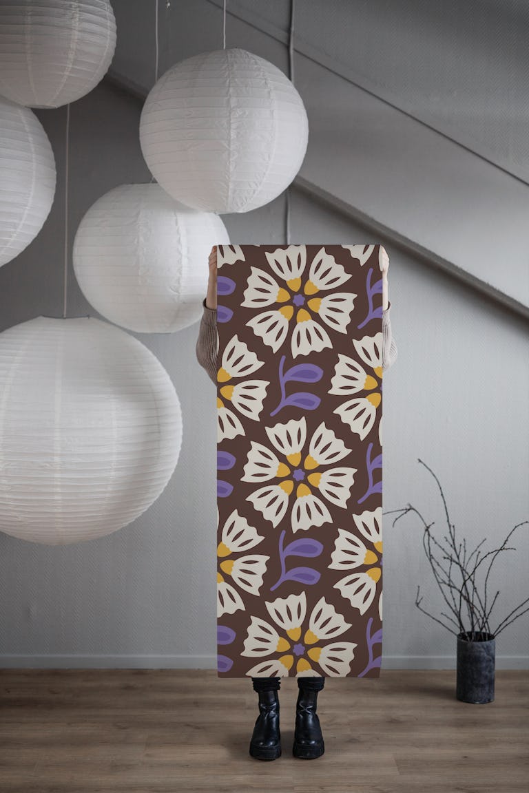 Retro Blossom Delight in Purple Yellow - L wallpaper roll