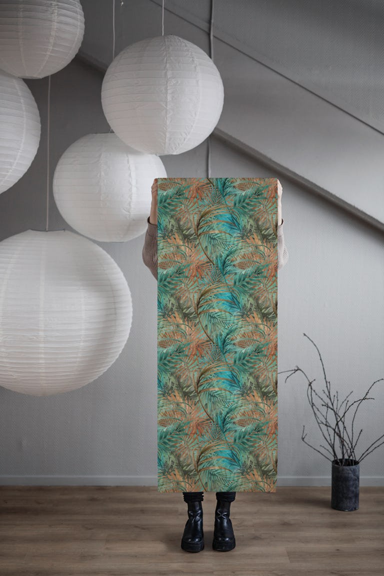 Brown vivid turquoise palmera leaves wallpaper roll