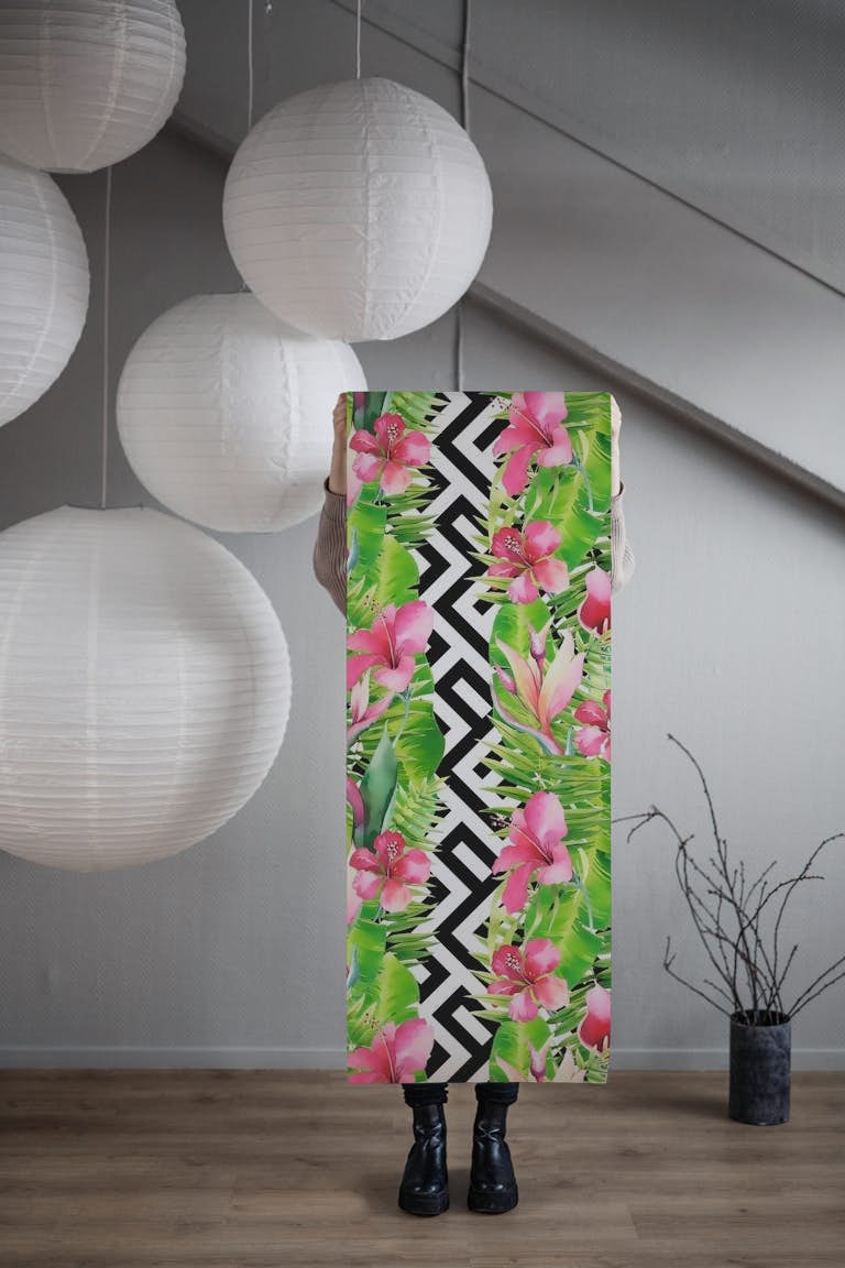 Tropical Flowers Meet Geometry wallpaper roll