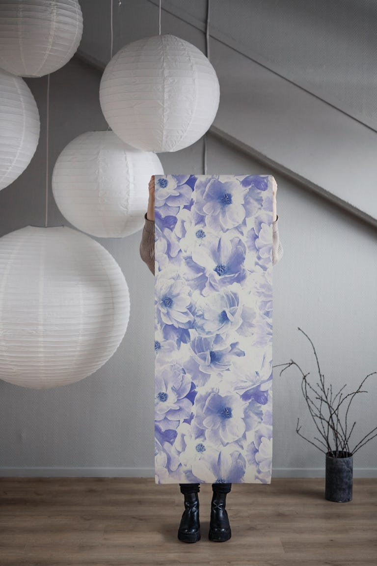 Blooming Vintage Roses in Pale Violet Blue wallpaper roll