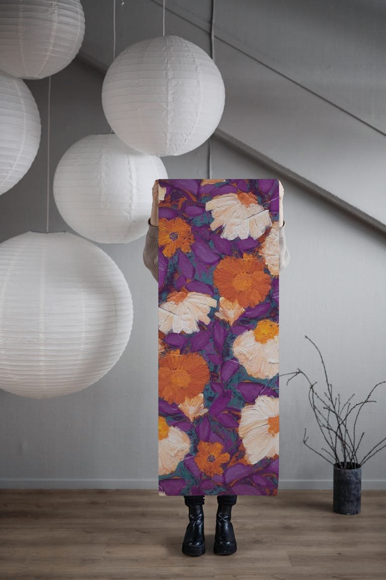 Blooms orange teal purple wallpaper roll