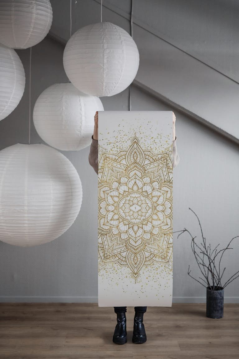 Golden sparkling mandala white papel de parede roll