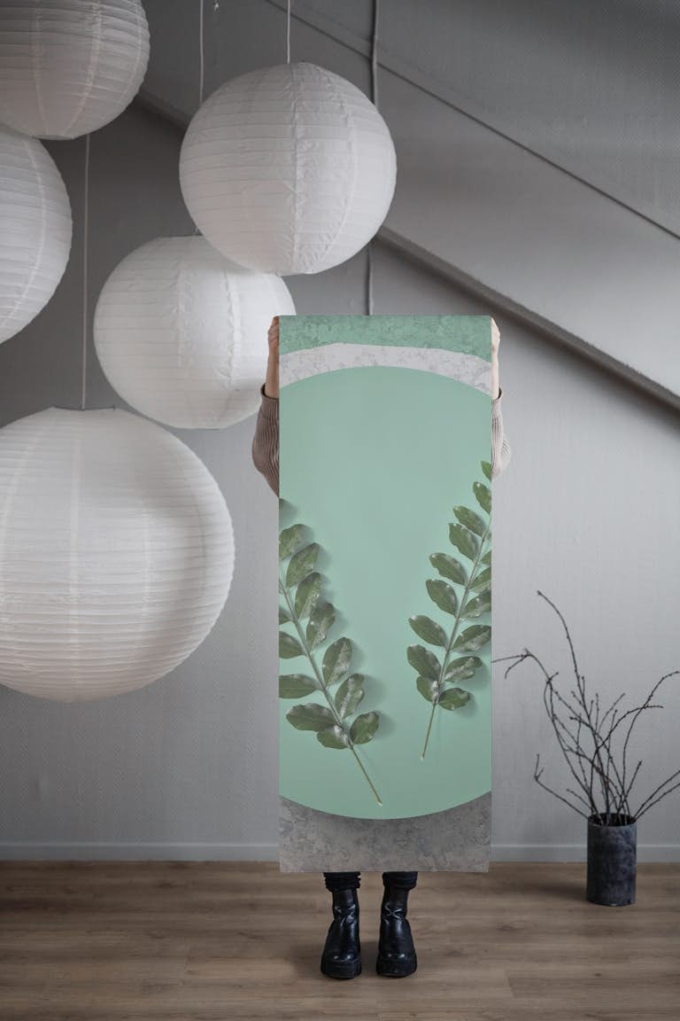 Zen Leaves Mint Gray Concrete behang roll