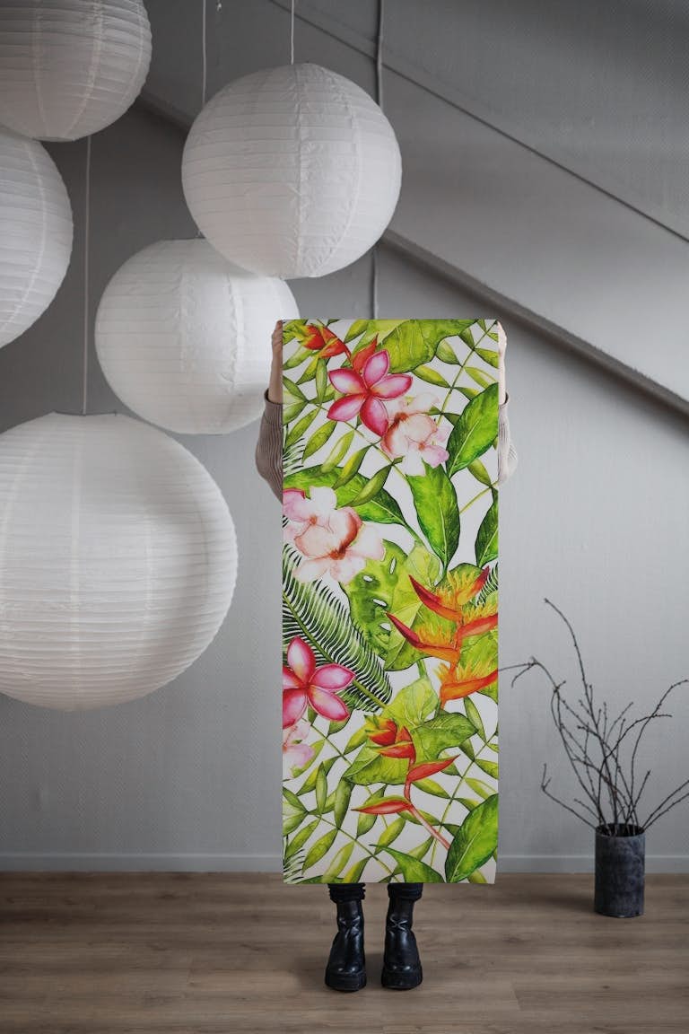 Plumeria and Tropical Jungle Flowers behang roll