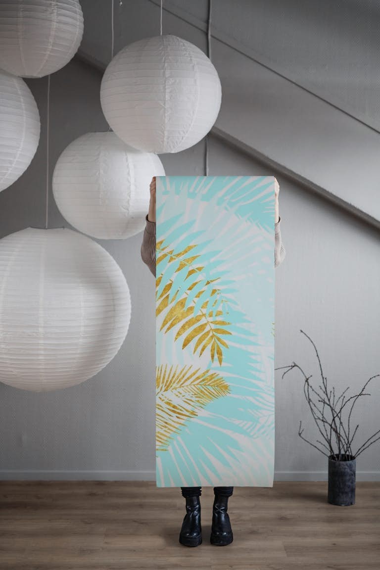 Teal and Gold Palm Leaves behang roll