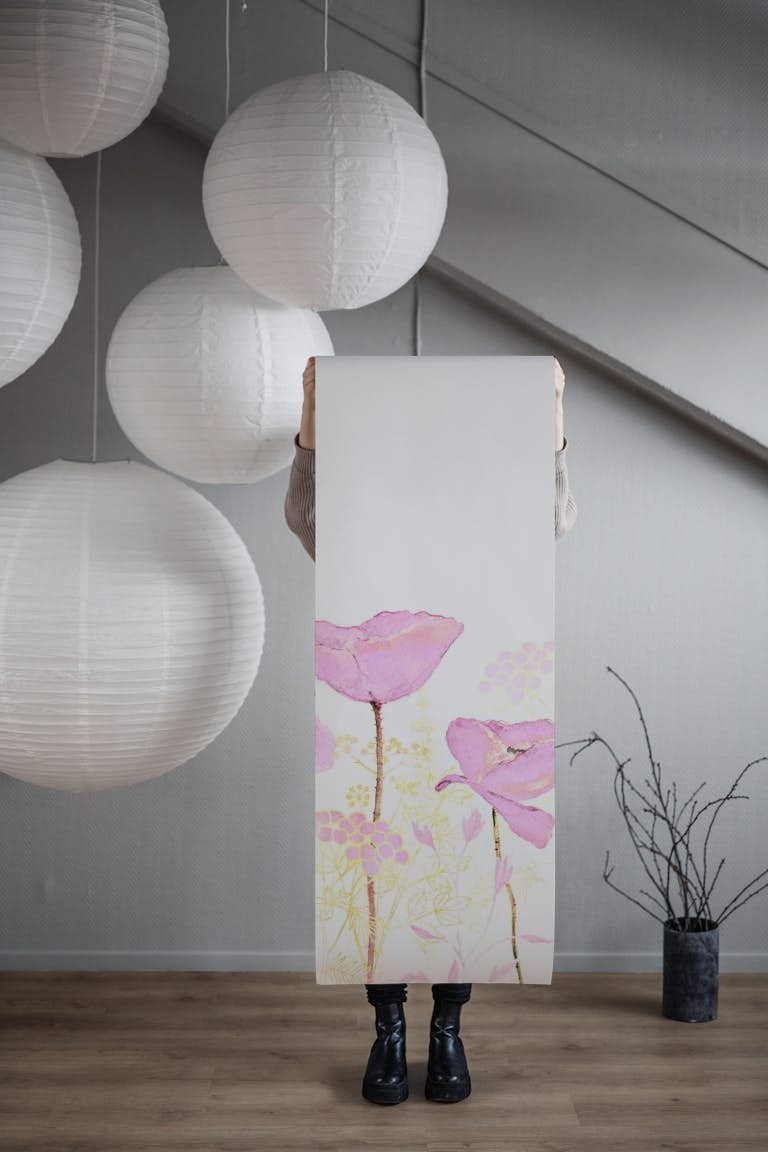 Pink Poppy Flower Meadow wallpaper roll