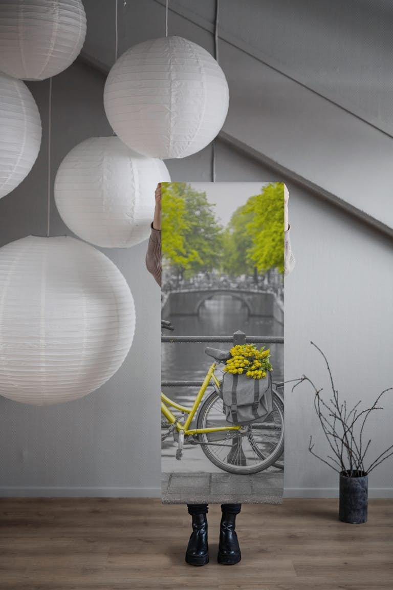 Bicycle with flowers at canal wallpaper roll