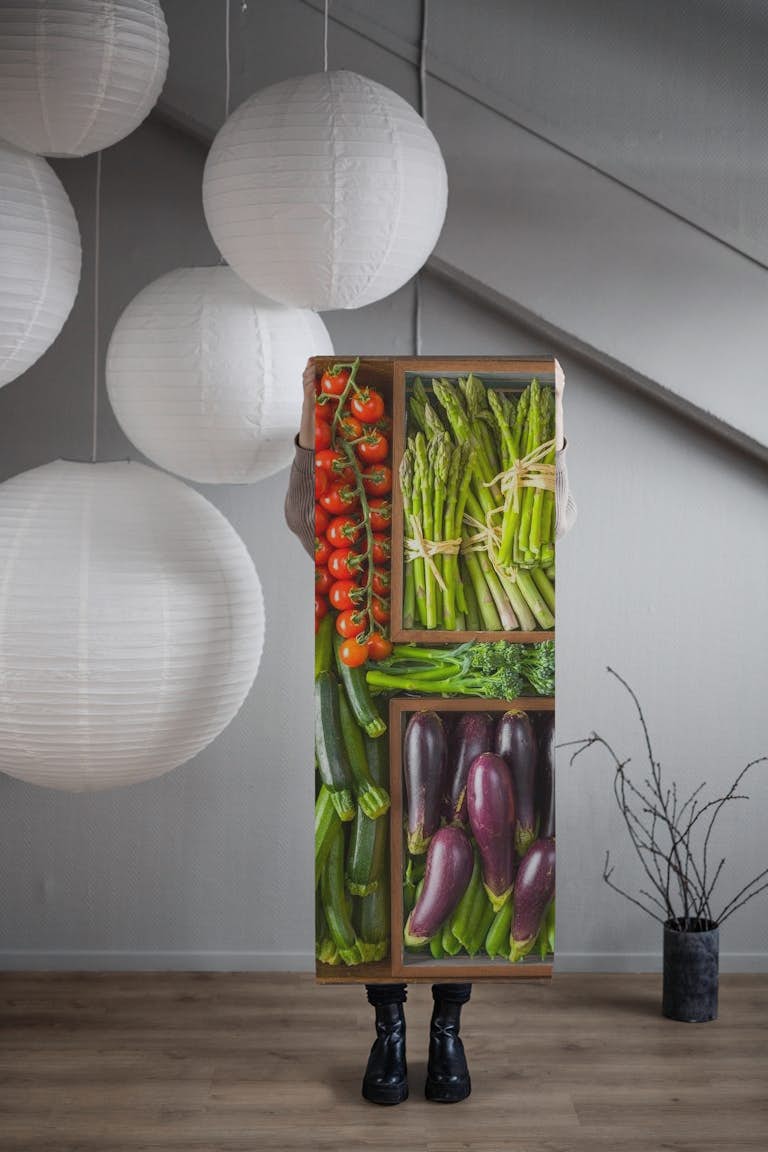 Fruit and vegetables in boxes behang roll