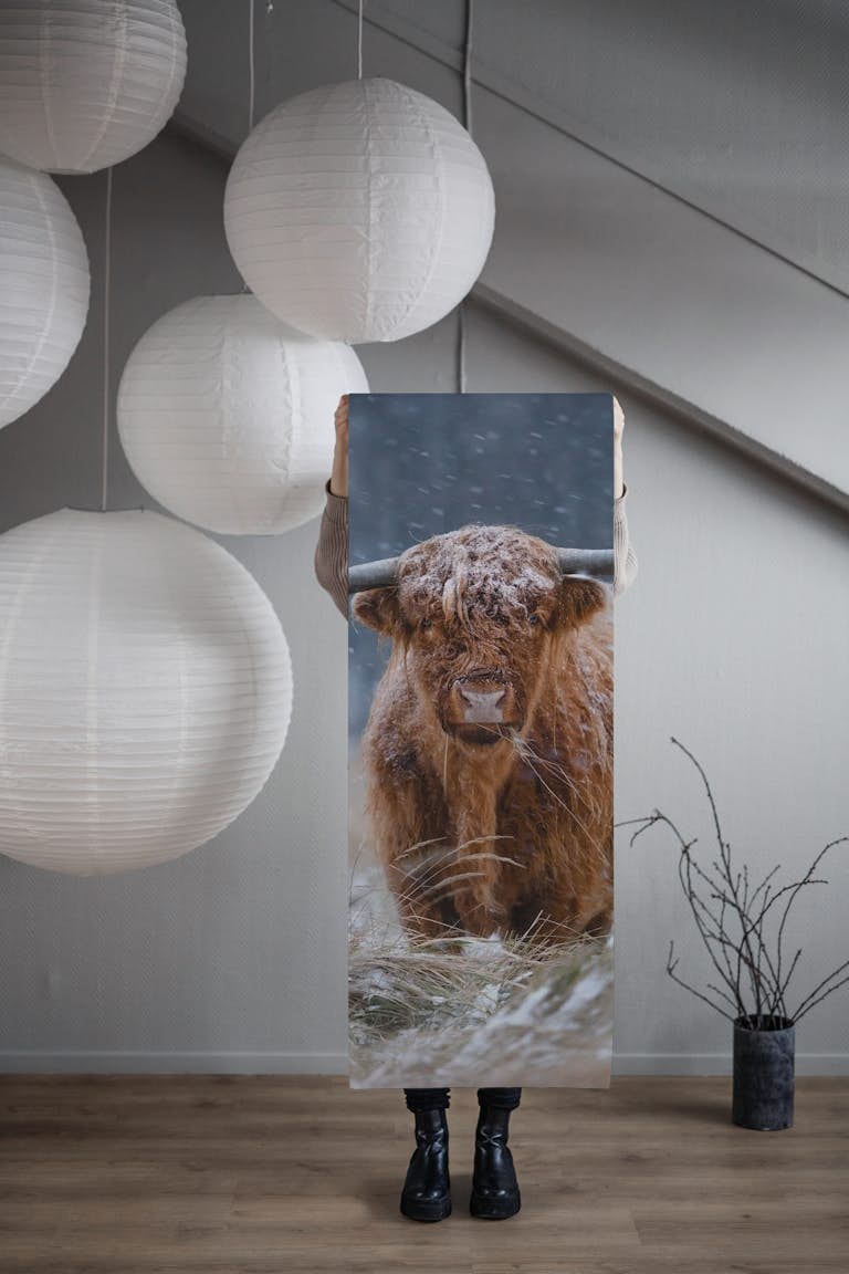 Snowy Highland cow behang roll