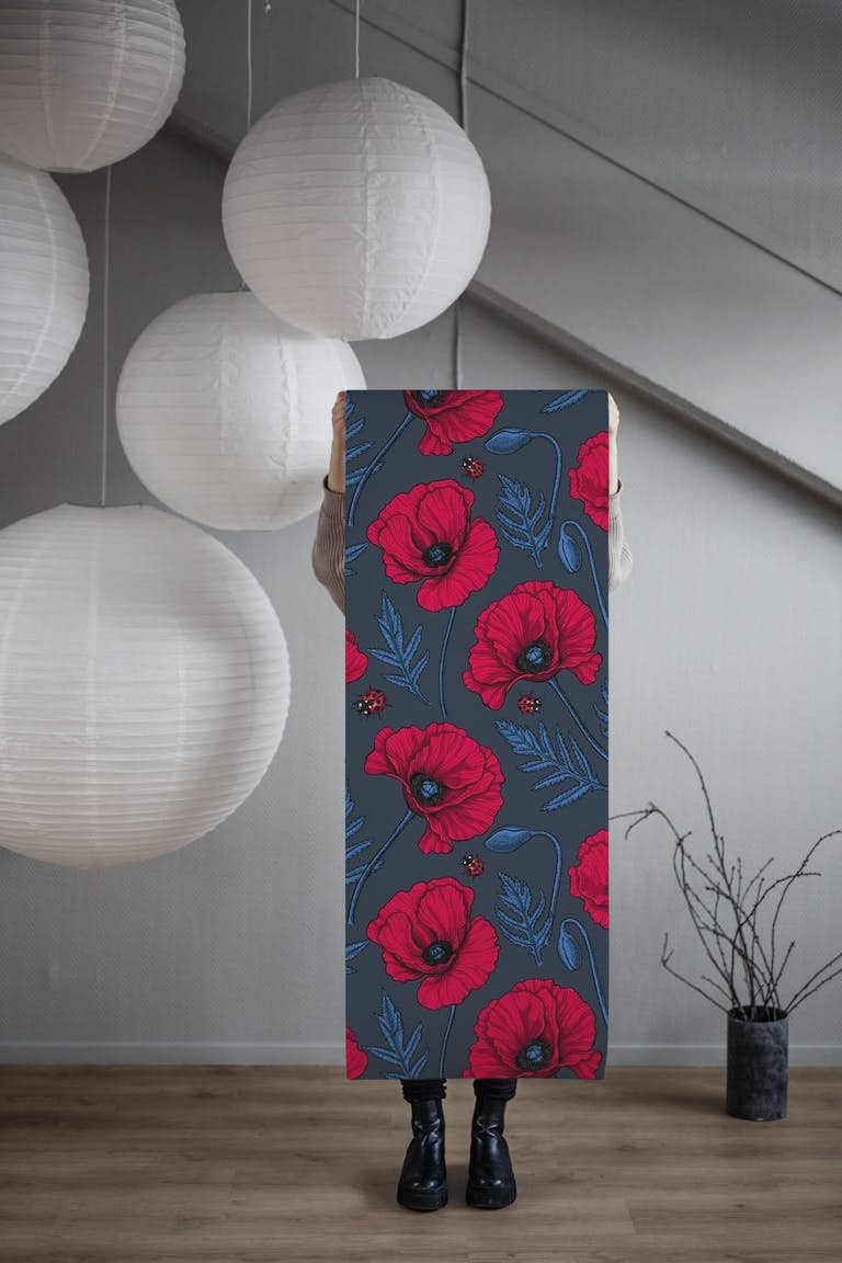 Red poppies and ladybugs tapeta roll