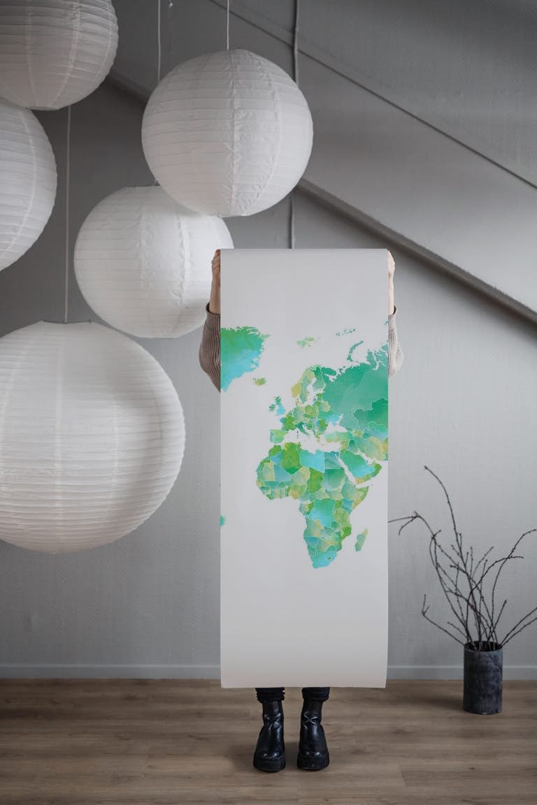 World Map In Green and Blue tapetit roll