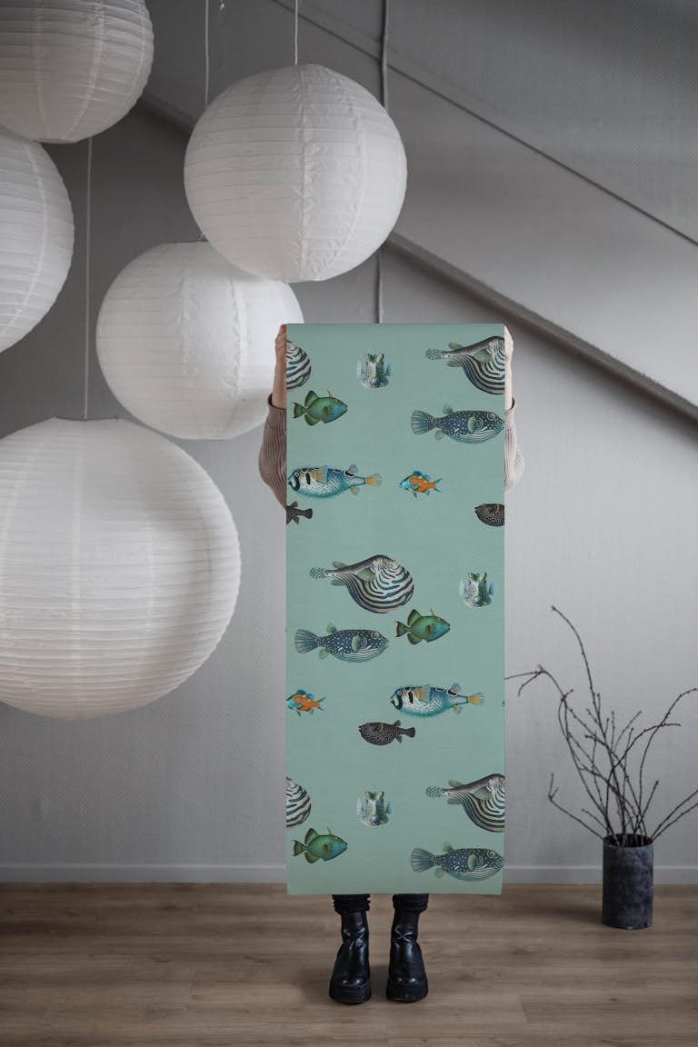Acquario Fish in duck egg blue wallpaper roll