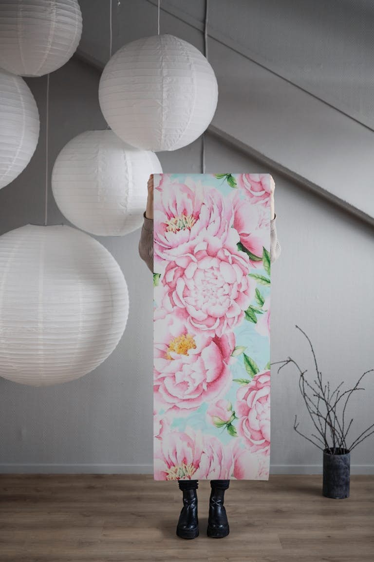 Pink Opulent Baroque Peonies On Turquoise behang roll