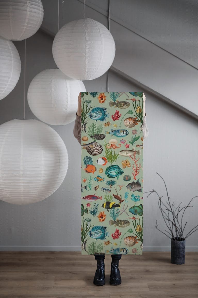 Oceania in sage green tapetit roll