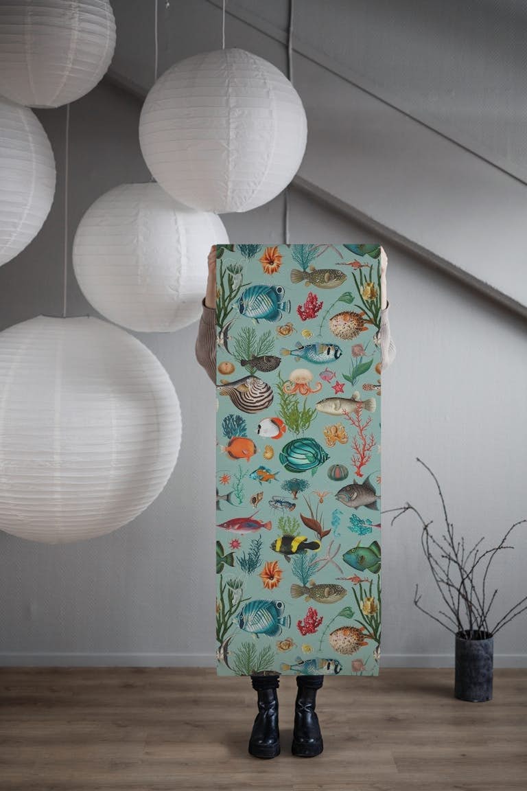 Oceania in duck egg blue wallpaper roll