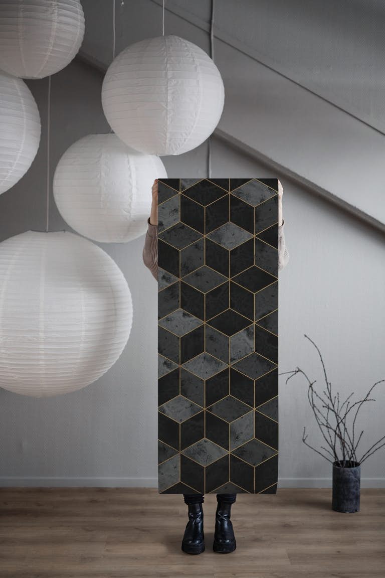 Dark Marble Cubes and Gold behang roll