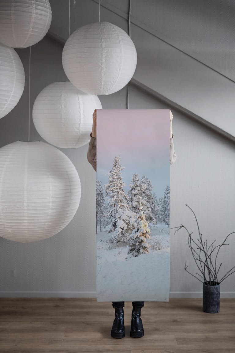 Snowy mountain trees wallpaper roll